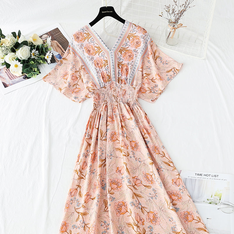 Robe en coton et lin style rétro français col en V style national 4258