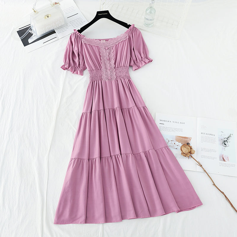 Baumwoll-Leinen-Kleid mit Luftblasenärmeln und Spitzenkante Französischer Retro-Langrock 4179