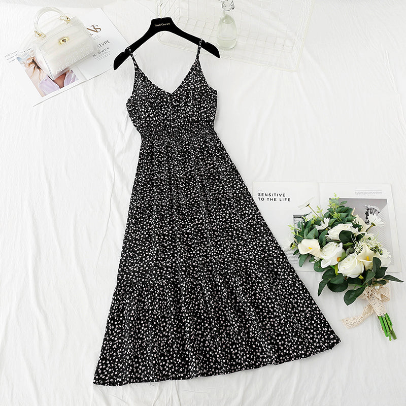 New sweet floral skirt French retro suspender dress 4123