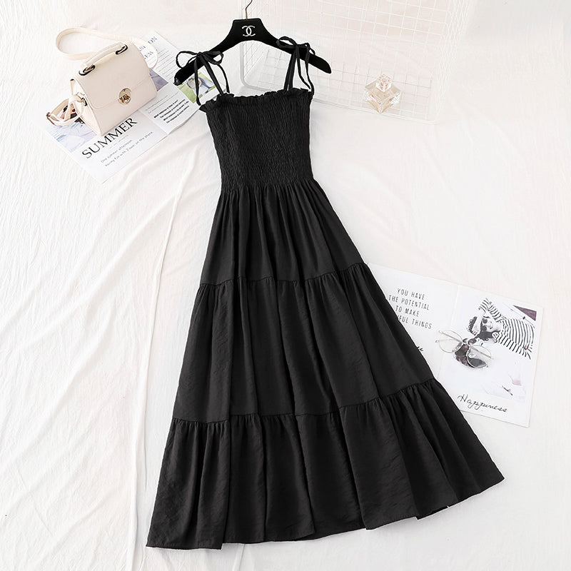 Cotton linen suspender dress Vintage long skirt 4142