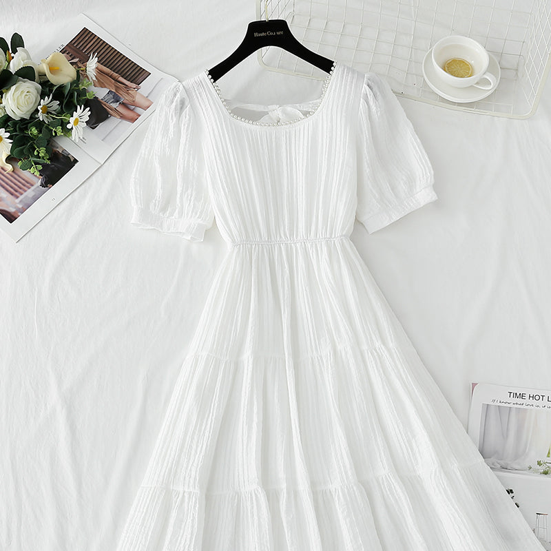 French square neck cotton linen dress 4275