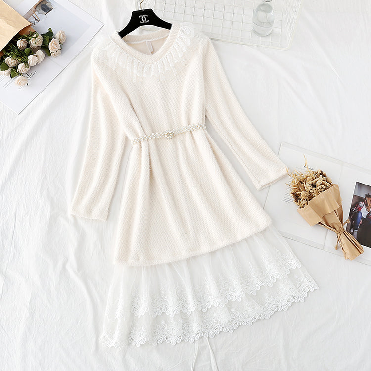 Mink plush fur sweet Ruffle lace stitched bottomed skirt 3953