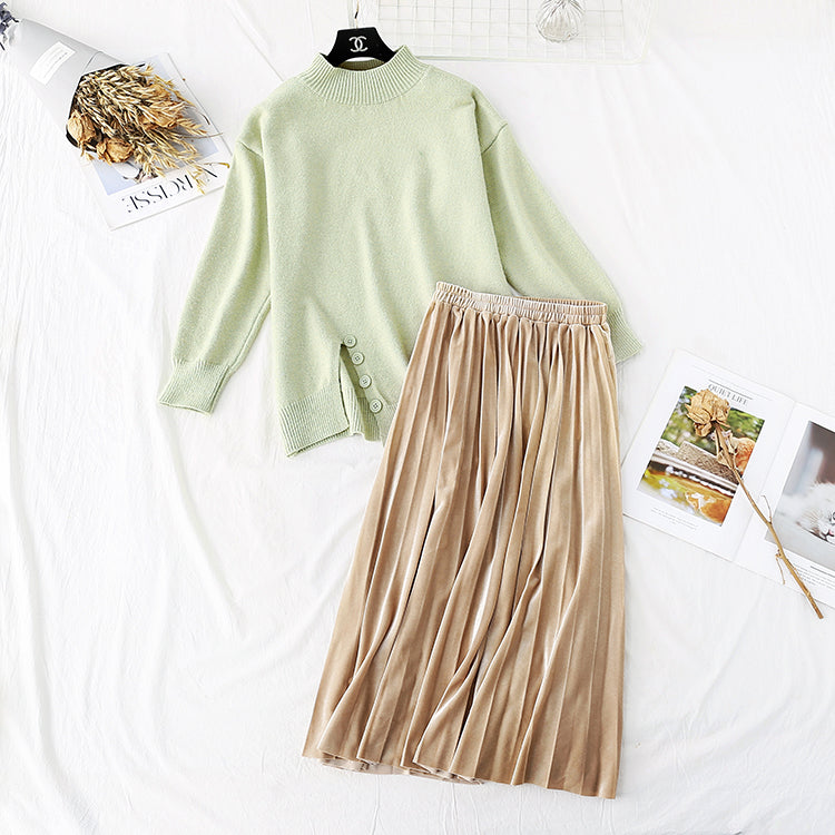 Split sweater + golden velvet skirt suit two-piece set 3977