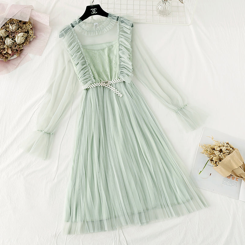 French retro knee pleated long skirt 4043