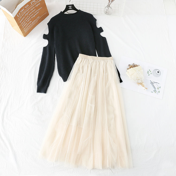 Schulterfreier Pullover + Netzrock 3947