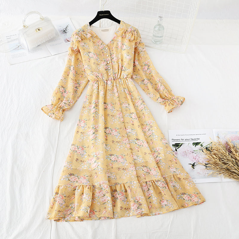 French retro knee Chiffon Long Sleeve Dress 3833