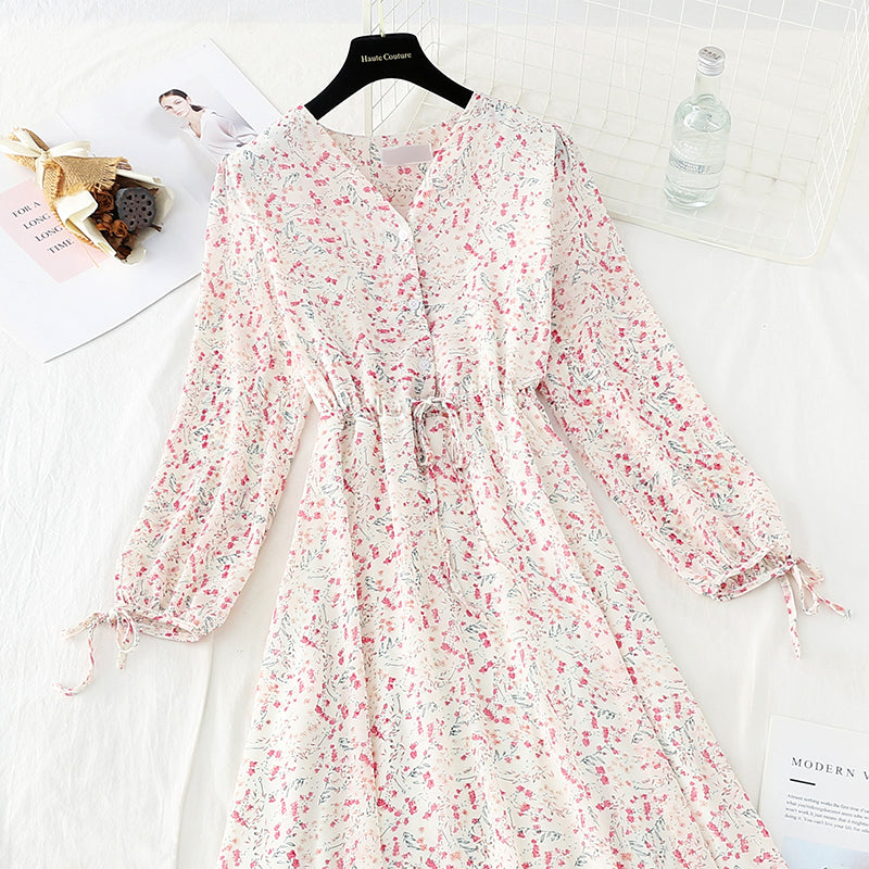 Waist lace up thin Chiffon gentle wind Floral Dress 3885
