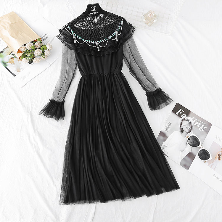 Ruffle pleated French super xiansen mesh dress 3806