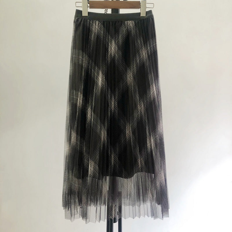 New plaid print net gauze skirt, thousand bird shape skirt 3704