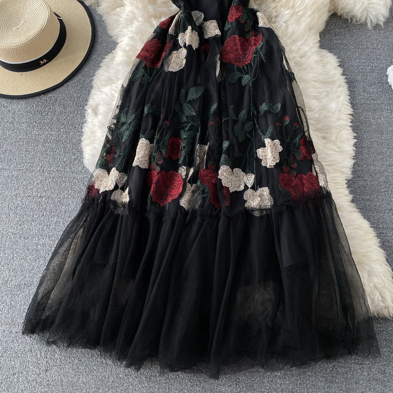 Mesh Rose Embroidered round neck dress 3782