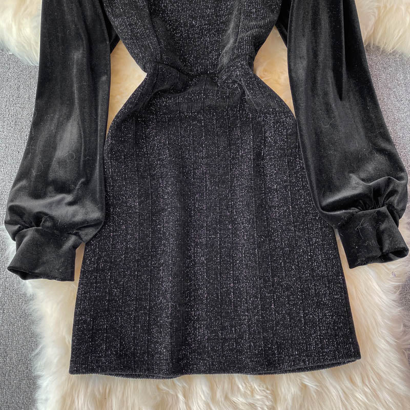 Crew neck velvet stitching long sleeve temperament French Vintage Dress 3722