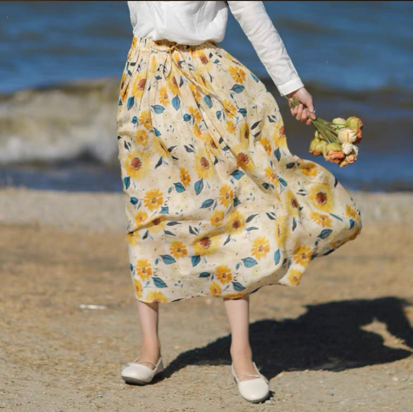 Summer, high grade dyeing, sunflower worsted, natural ramie, A-line long skirt 3569