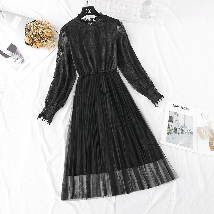 Golden velvet mesh dress lace pleated long skirt 4373