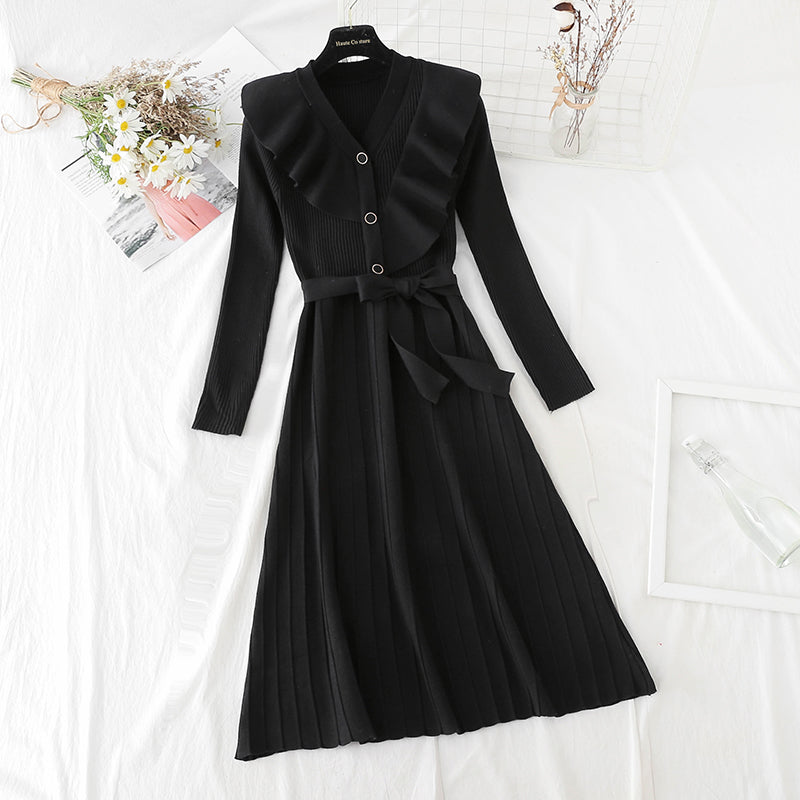 Ruffle lace up waist slim red dress 4068