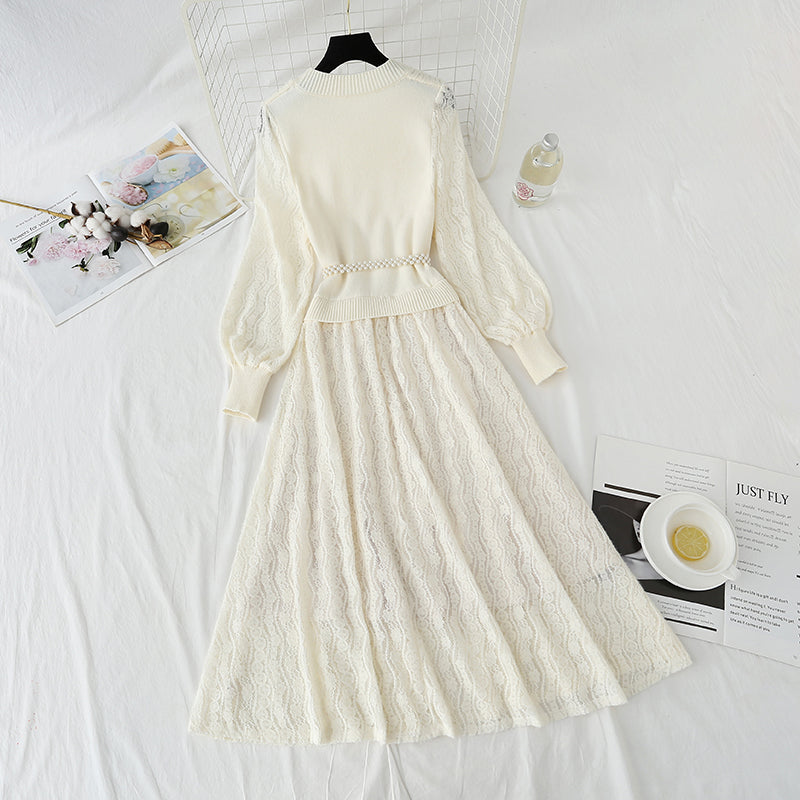 Strickkleid Damen Super Fee Spitze Plüsch genähtes Wollkleid 4439