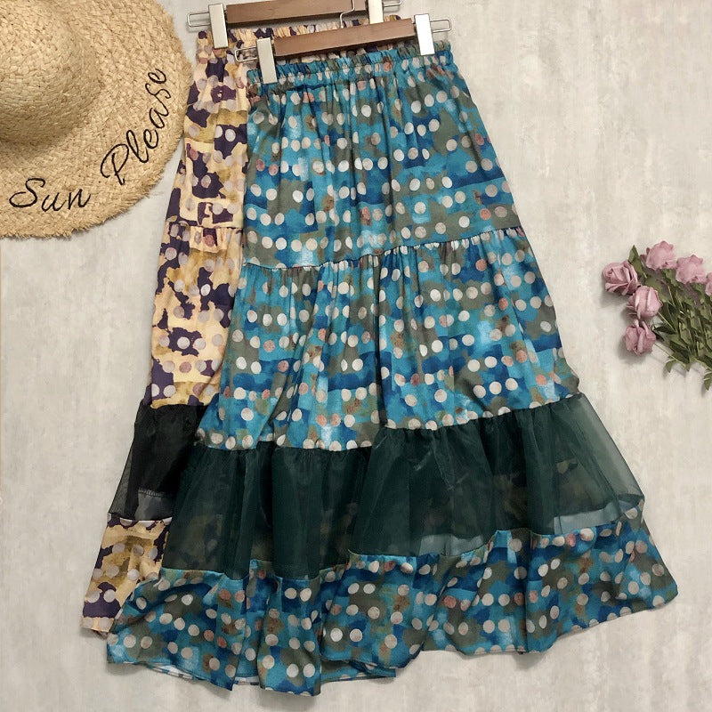 polka dot print splicing mesh drape feeling gauze skirt 3688