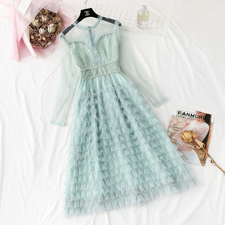 Mesh lace dress small fragrance layer upon layer cake long skirt 4294