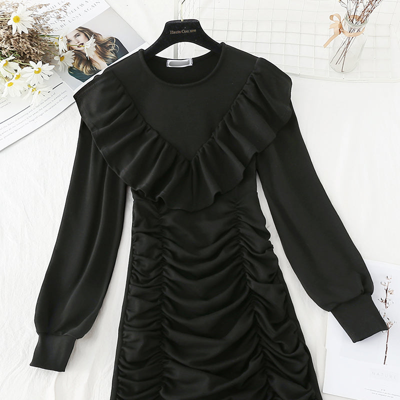 Round neck Ruffle fashion French Vintage Dress 4820