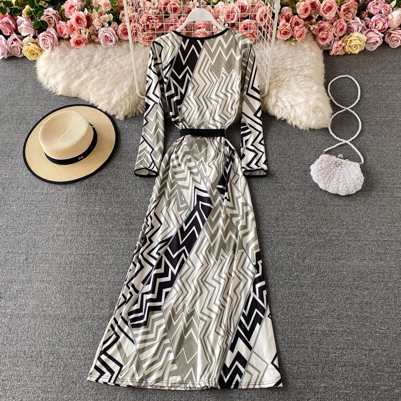 One piece split lace up wrap skirt with slim waist geometric print skirt 3783