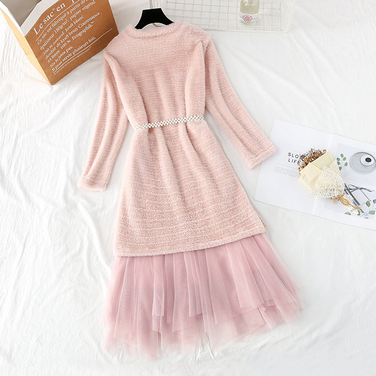 Mink sweater female + mesh skirt two piece set 3954