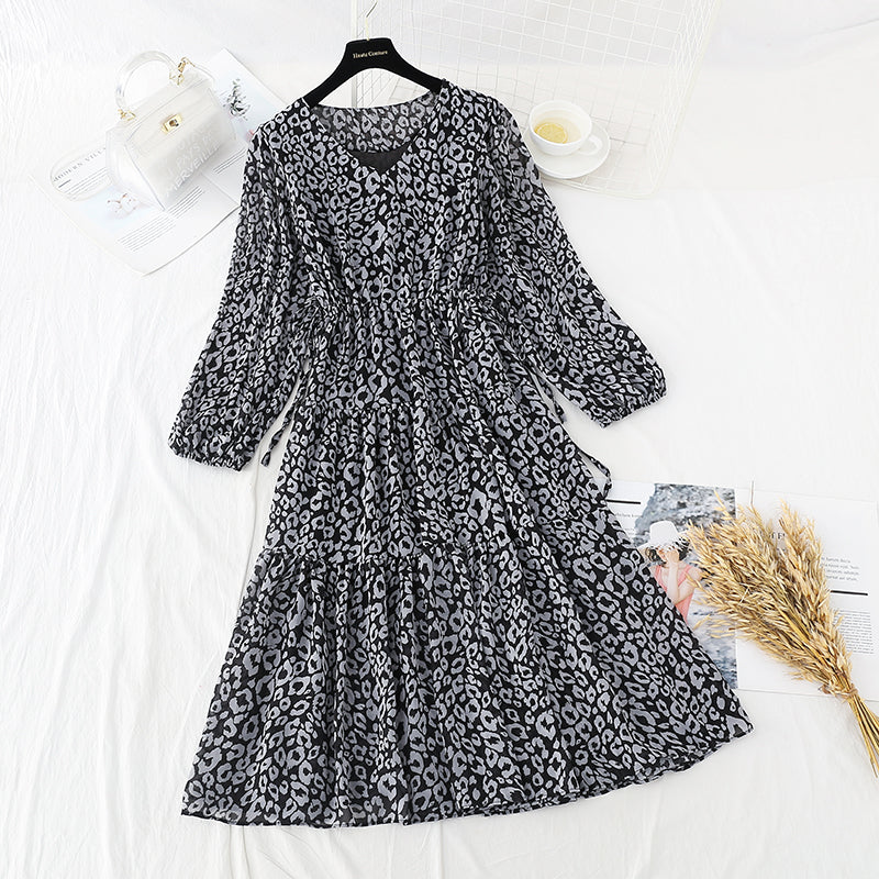 Langärmliges Chiffon-Kleid mit Leopardenmuster und floralem Retro-Rock mit französischem Boden 4697