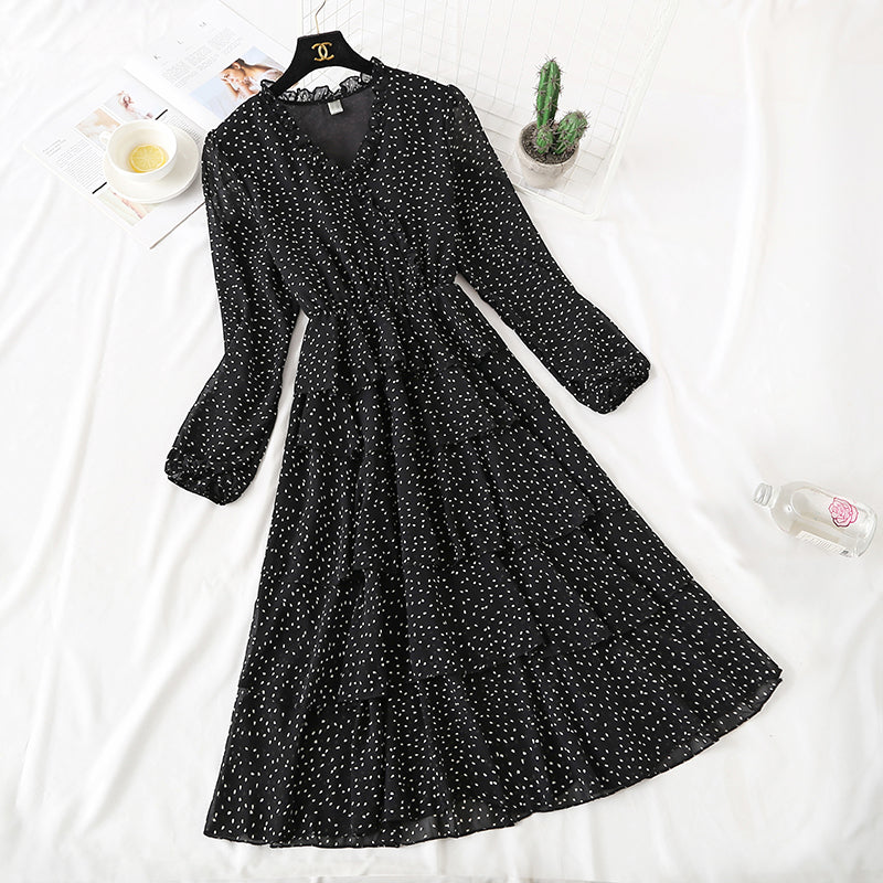 V-neck wave point Chiffon Dress 3730