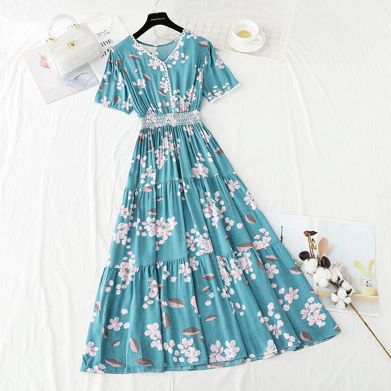 Baumwoll-Leinen-Kleid Damen V-Ausschnitt Blumenkleid Taille 4245