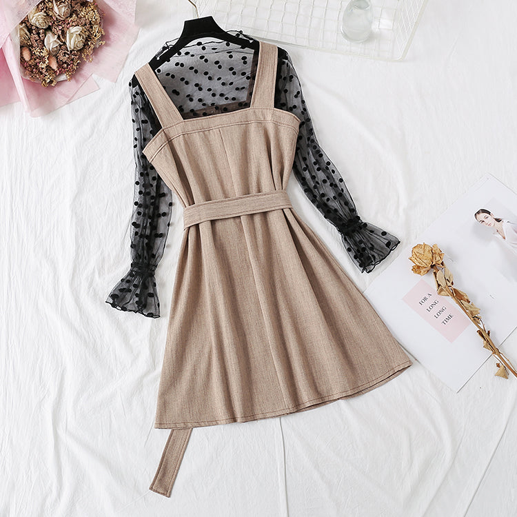 Strapskleid + Polka Dot-Shirt mit Netzboden, Set für Damen 4710