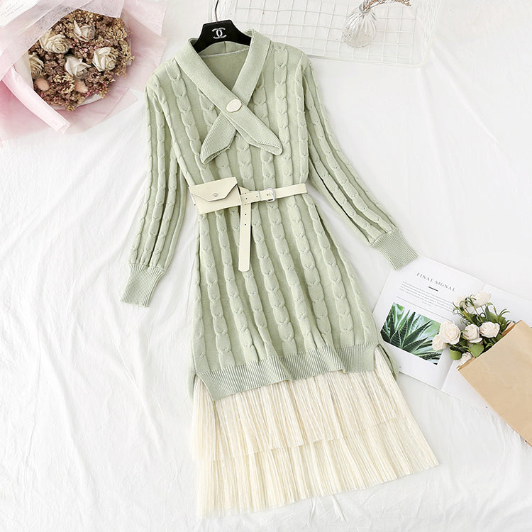 Knee sweater mesh cake skirt suit foreign style 3952
