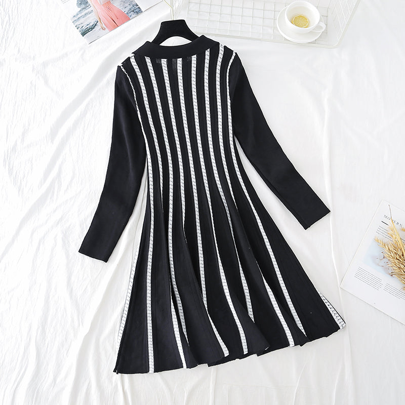 French Long Sleeve Striped fashion age reducing thin bottomed knitted skirt 3916