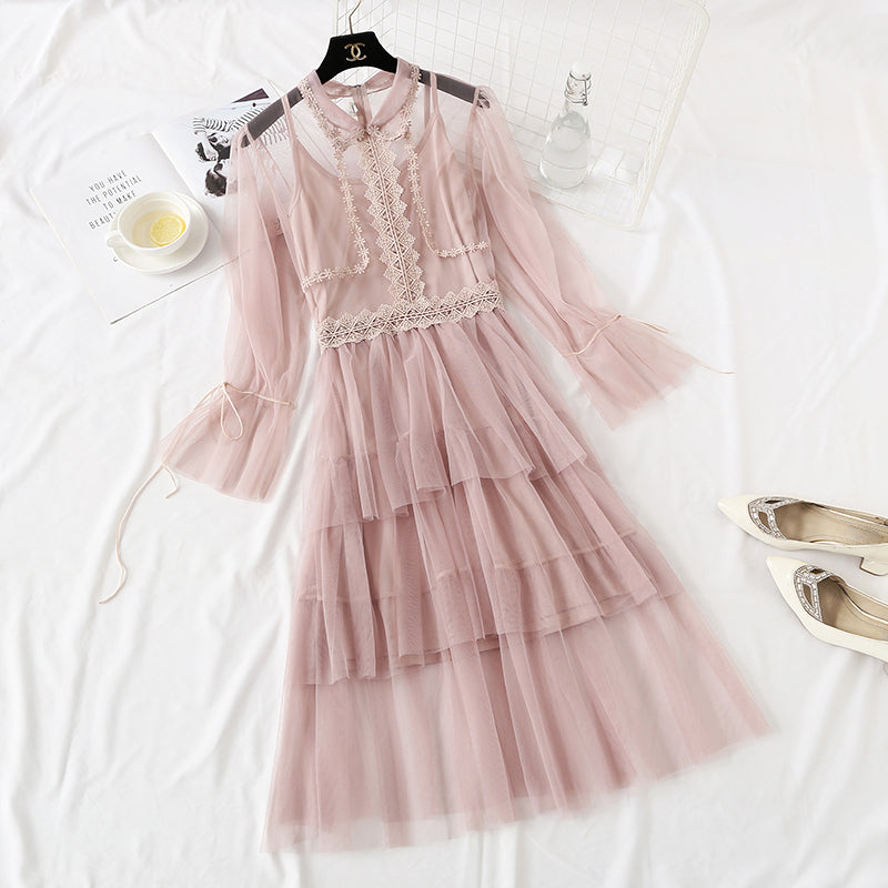 Small retro doll skirt heavy industry lace mesh cake dress 4460