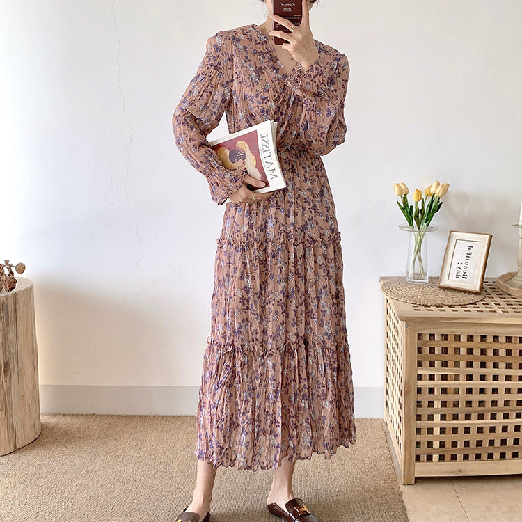 Thin V-neck pleated retro gentle wind over knee floral skirt 3910