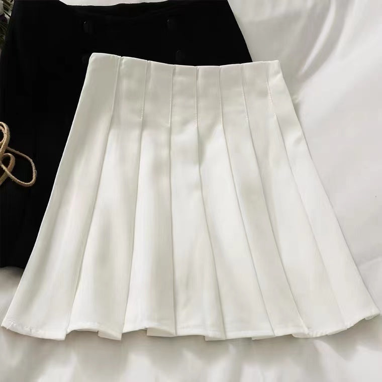 Temperament breasted high waist skirt, simple pure color A line pleated skirt 3616