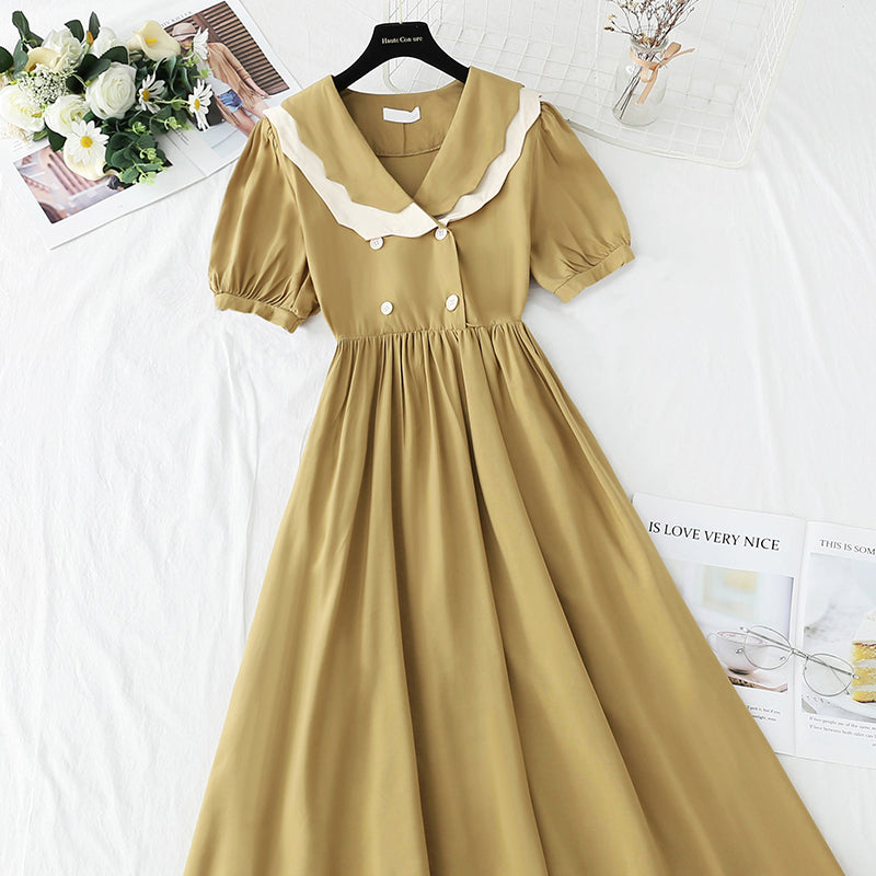 French retro doll collar bubble sleeve waist closing tea break skirt 4268