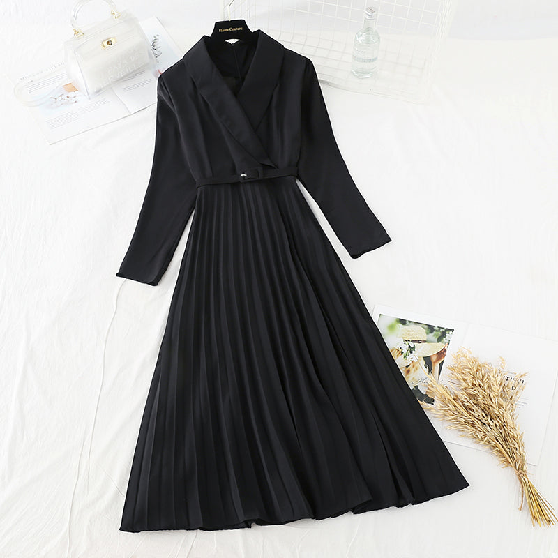 Slim waist, gentle wind dress, lapel, light familiar wind pleated skirt 3868
