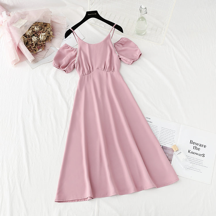 New French pearl off shoulder sling small skirt Bubble Sleeve Chiffon Skirt 4870