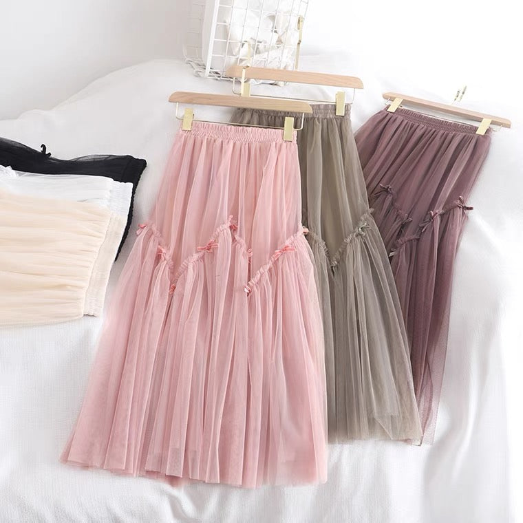 Bow, elastic waist gauze skirt, CHIC, autumn and winter bottom skirt, girl skirt, loose skirt 3529
