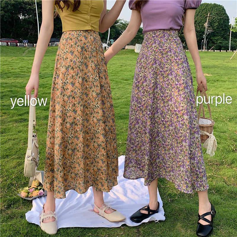 Midi floral skirt, new style, high waist, drawstring fishtail A-line skirt 3652