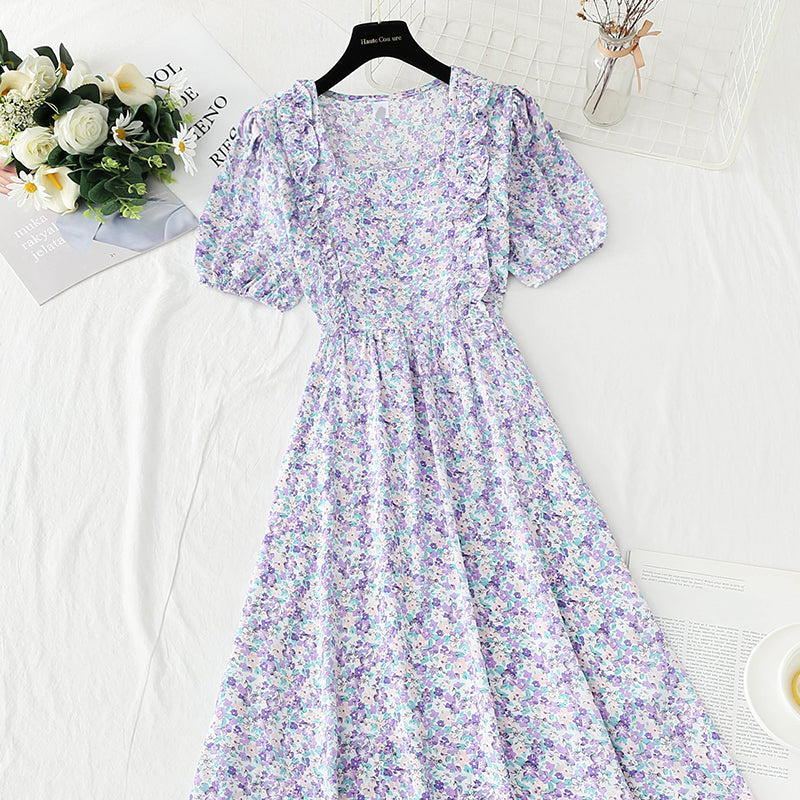 French first love sweet square neck bubble sleeve tea break skirt 4890