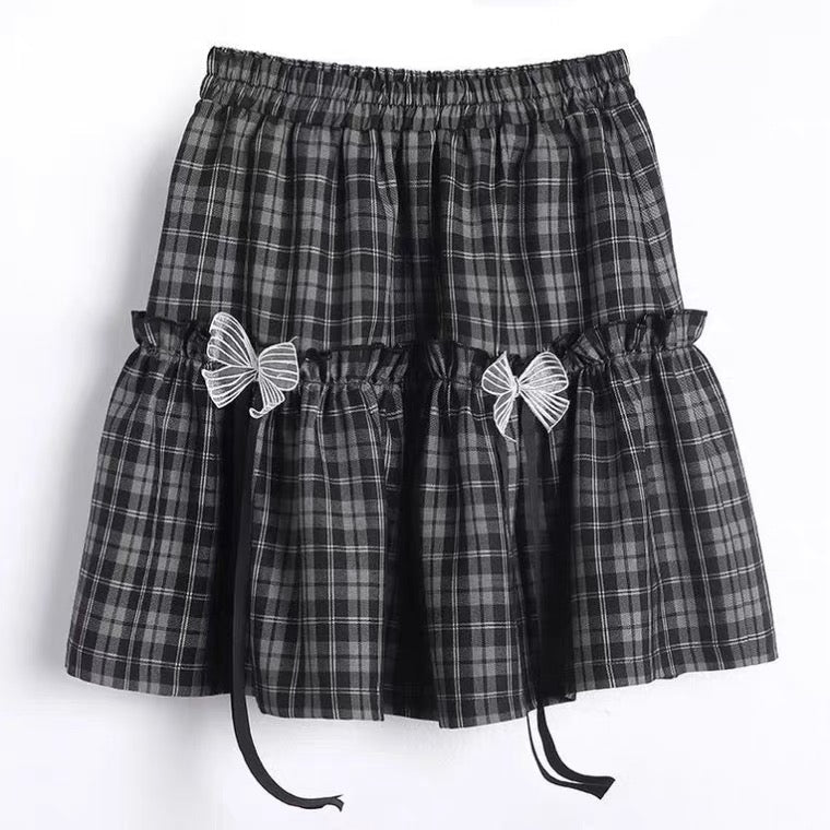 Black plaid skirt, students-loose cute cake lace skirt with bowknot 3608