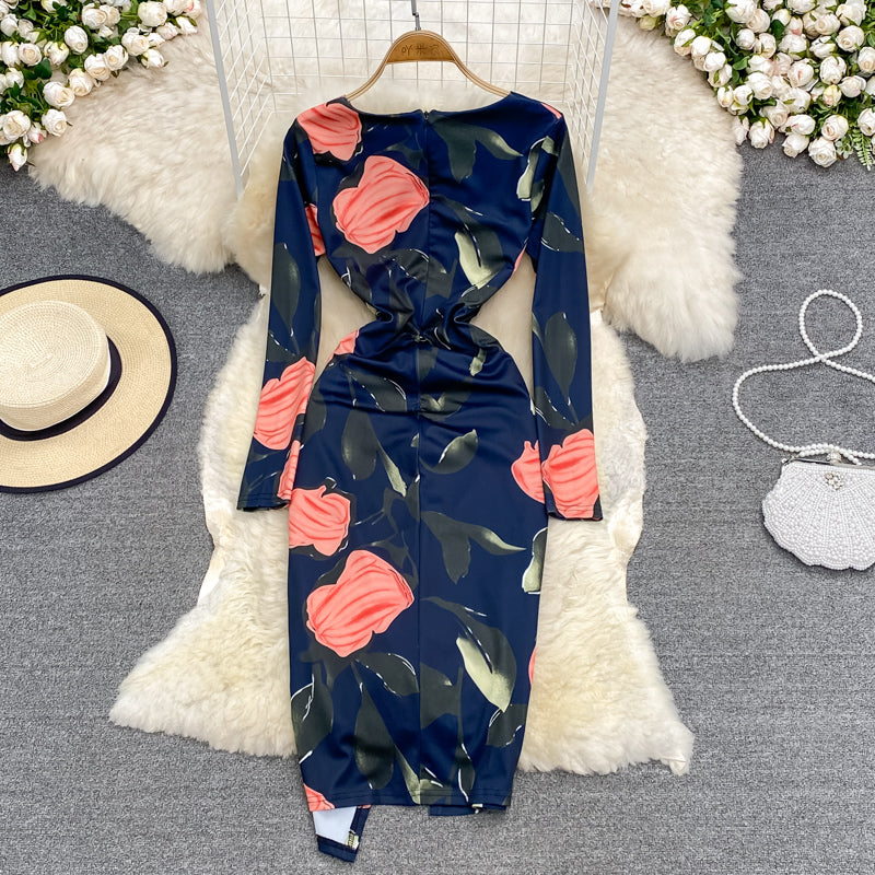 Sexy Taillenverschluss mit V-Ausschnitt und offener Hüfte Wickelkleid mit langen Ärmeln 3787