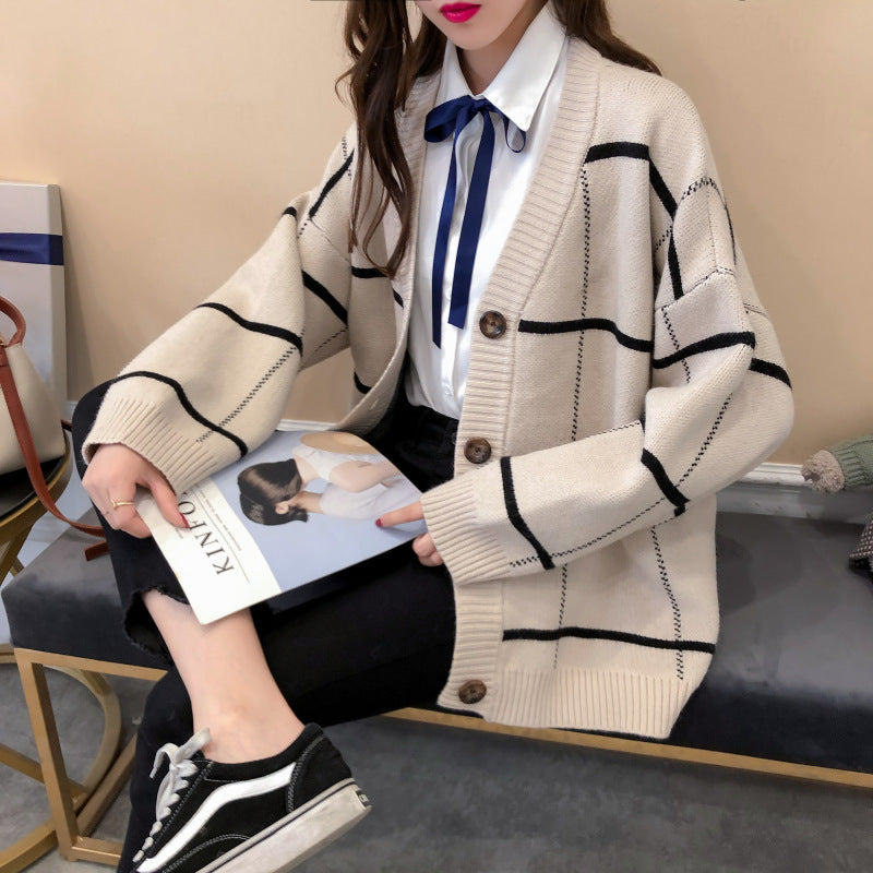 Harajuku sweater cardigan Plaid knitted jacket 5268