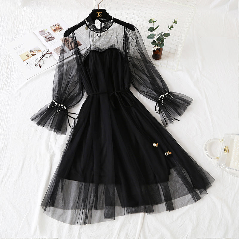 Mesh dress with Beaded long sleeve lace 4307