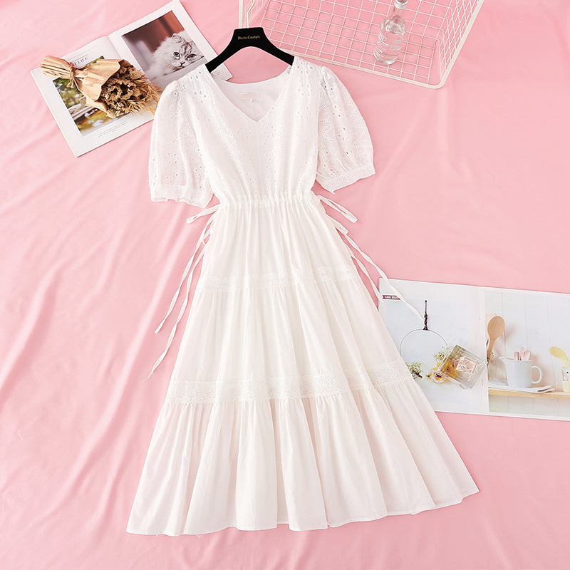 New hollow out Crochet skirt bubble sleeve French fairy dress 4168