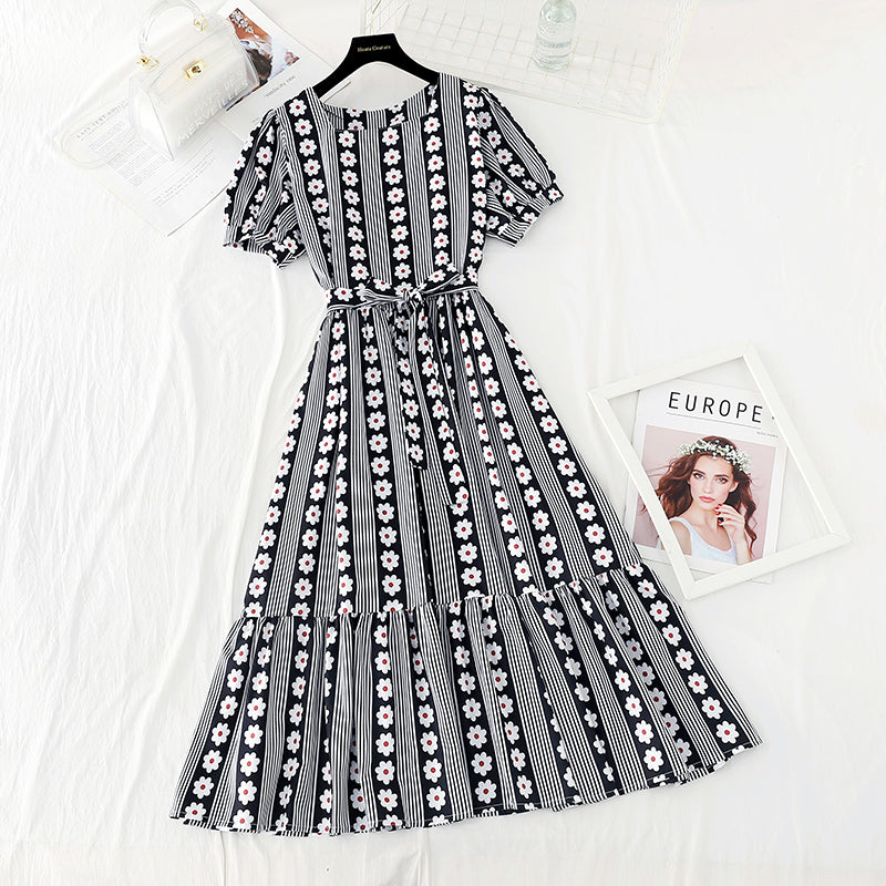 New dress Daisy stripe waist closing slim French minority dress 4645