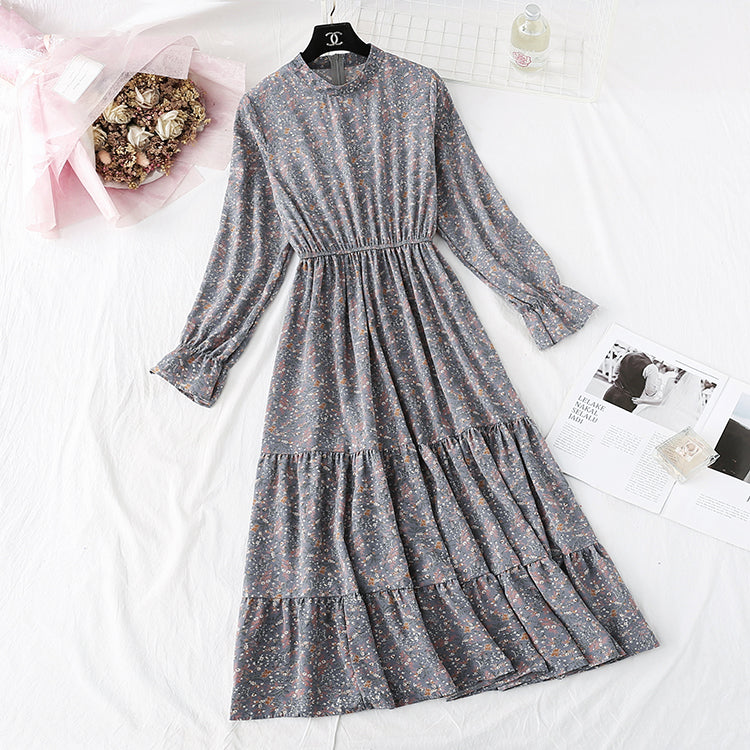 Floral dress French retro half high neck inside 4486