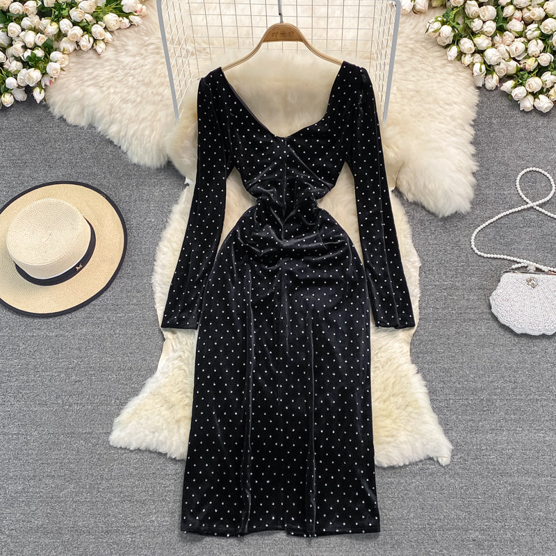 Long sleeve slim fit hot drill high-grade tight Hip Wrap Dress 3723