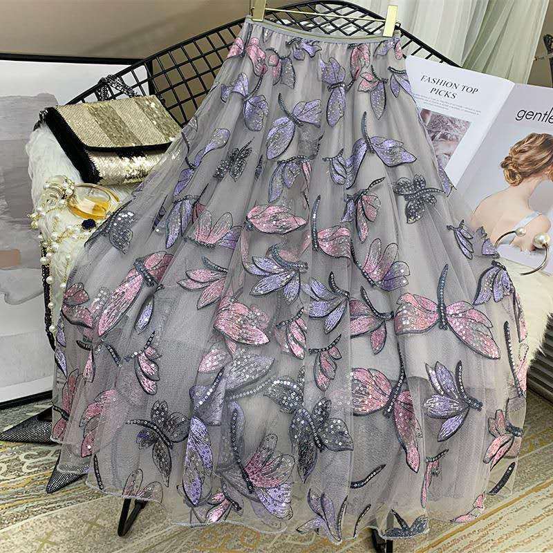 Heavy industry sequins dragonfly embroidery skirt,drop tulle skirt, A line skirt 3592