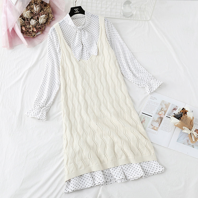 College storm point skirt + knitted vest two-piece suit female 3854