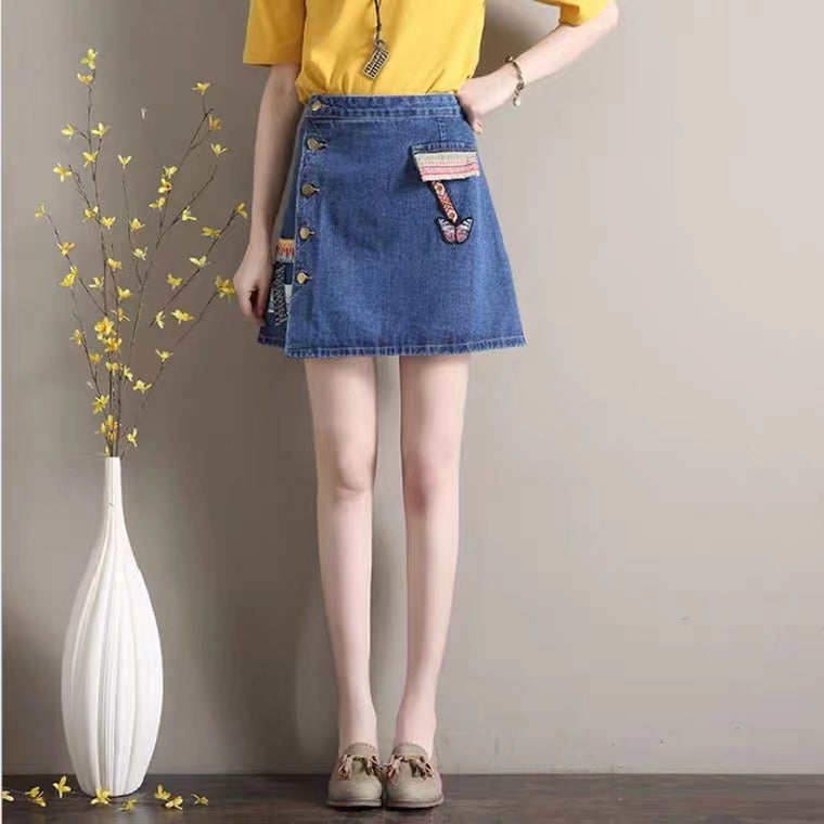 Denim-skirt A-line skirt, new style, high waist skirt, vintage embroidery skirt 3607